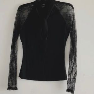 Shein Black Neck Tie Blouse/ Lace Sleeves